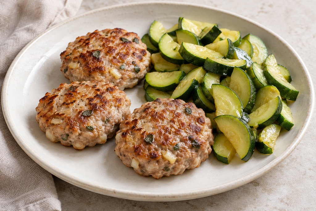 Apple and sage pork breakfast patties served with tender zucchini on a cream plate.