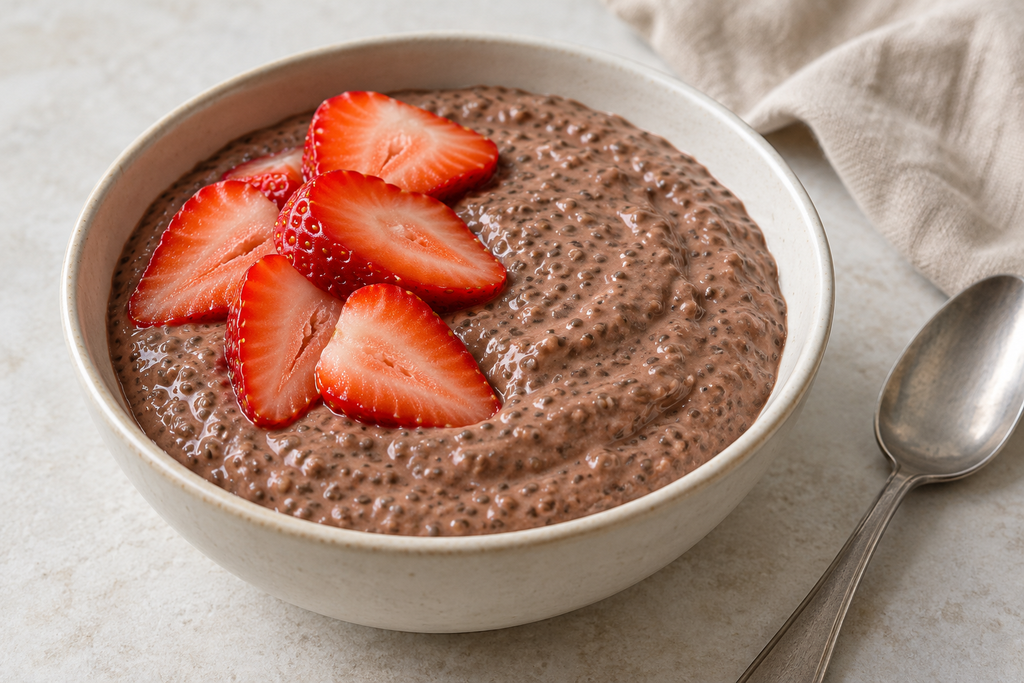 Chocolate chia Greek yogurt breakfast bowl topped with fresh strawberry slices.