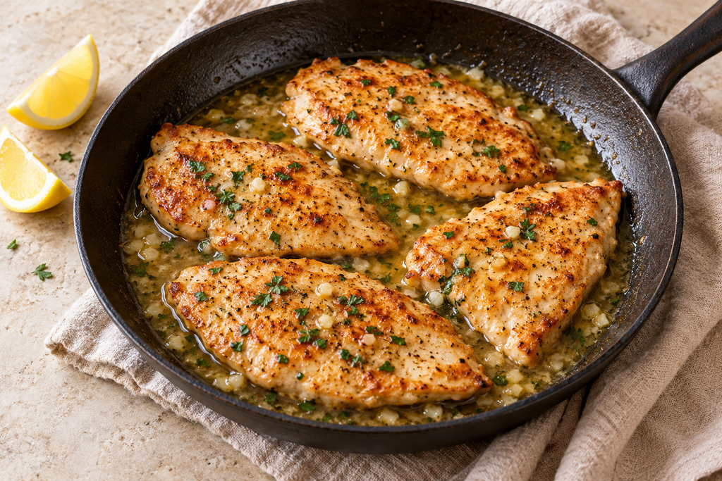 Garlic butter chicken breast cutlets in a skillet with a light lemon sauce and chopped parsley.