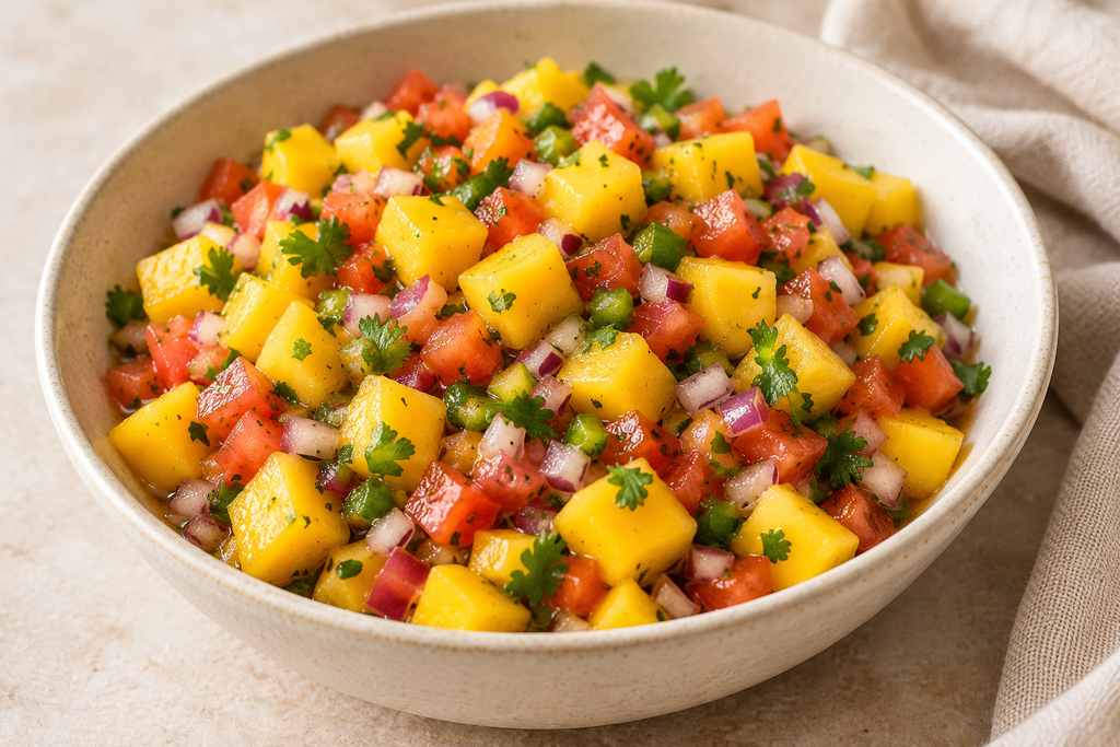 Mango pico de gallo with diced tomatoes, red onion, jalapeño, and fresh cilantro in a ceramic bowl.
