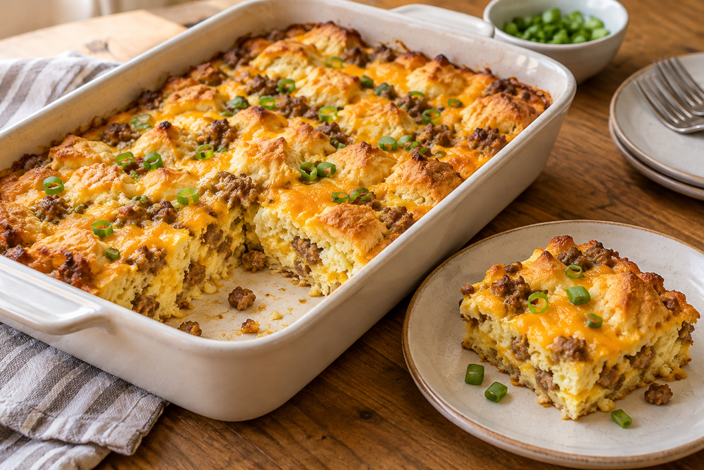 Sausage, Egg and Cheddar Biscuit Casserole