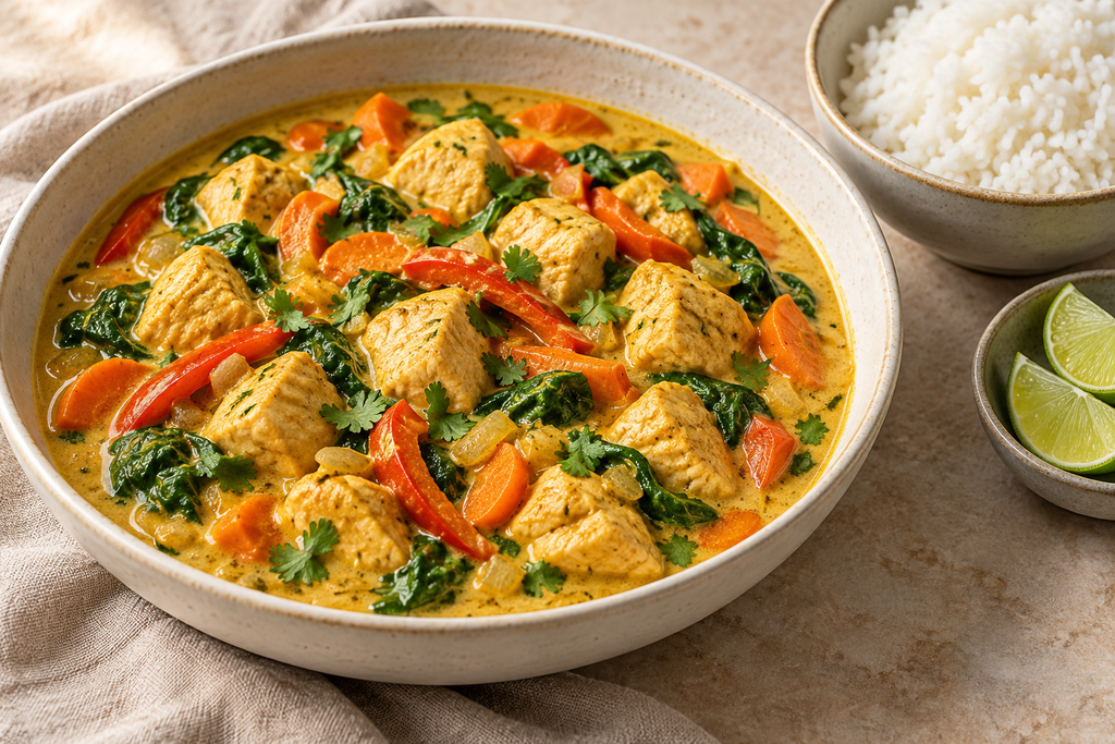 Boneless skinless chicken coconut curry with carrots, red bell pepper and spinach, served with rice and lime wedges.