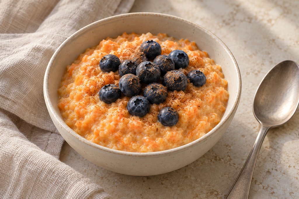 Warm carrot and coconut breakfast porridge topped with blueberries and cinnamon in a cream bowl.