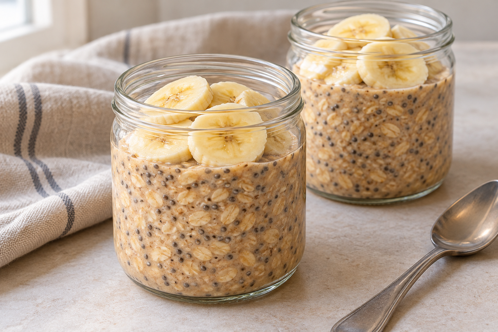 Peanut butter chia overnight oats in two jars topped with fresh banana slices.