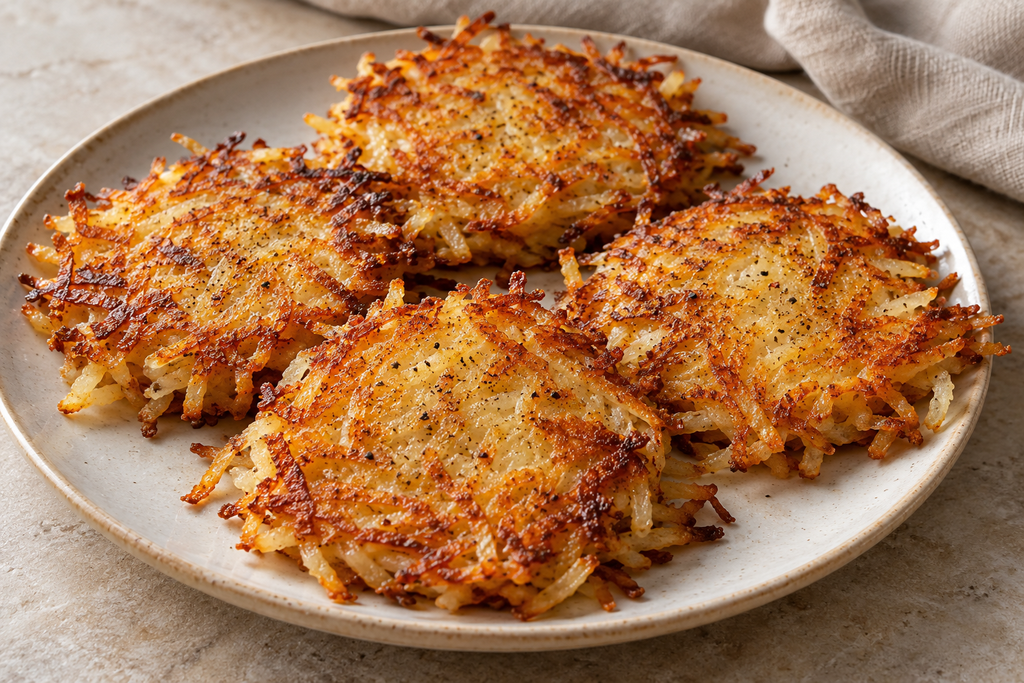 Four golden, crispy homemade hash brown patties made with shredded potatoes.