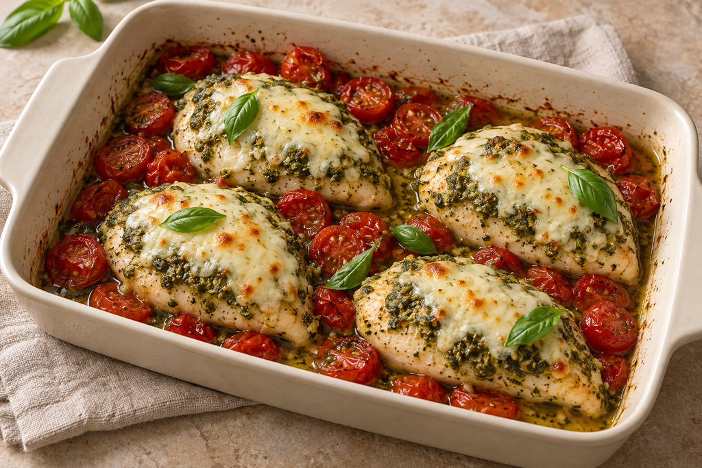 Baked pesto chicken breasts topped with melted mozzarella, surrounded by roasted cherry tomatoes and fresh basil.