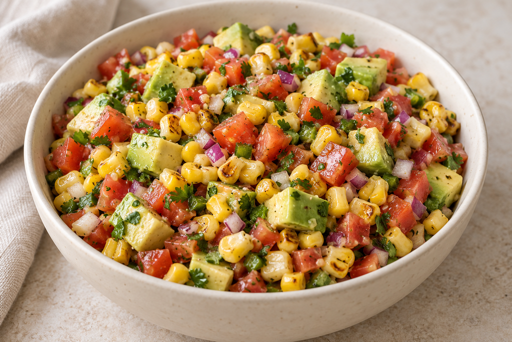 Roasted corn and avocado pico de gallo with tomatoes, red onion, jalapeño, and fresh cilantro.