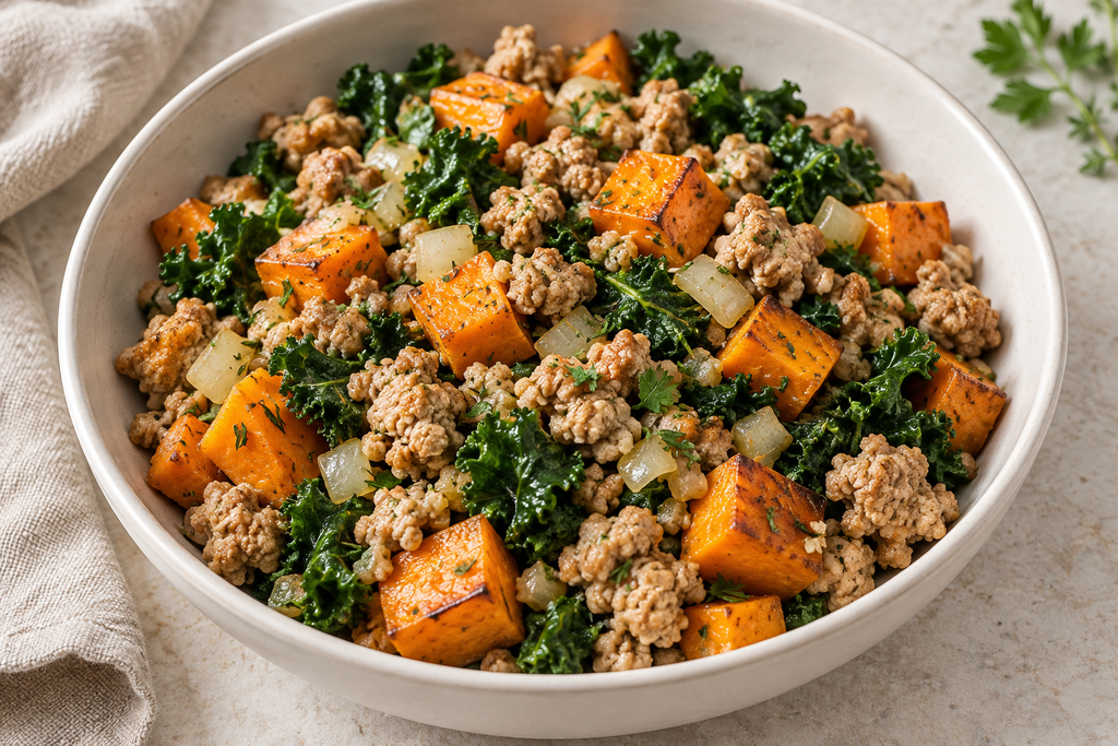 Sweet potato, ground turkey and kale breakfast hash in a cream ceramic bowl.