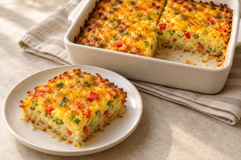 Cheesy hash brown and egg breakfast bake with red bell pepper and green onions, with one portion served on a plate.