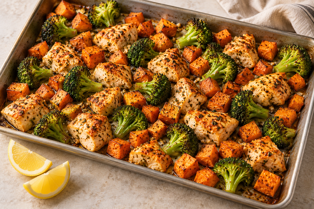 Boneless skinless chicken tray bake with roasted sweet potatoes, broccoli and lemon wedges.