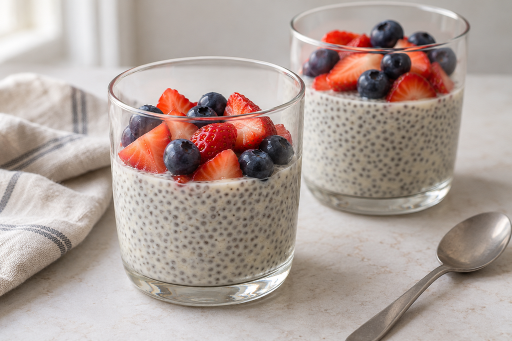 Vanilla chia pudding in two glasses topped with sliced strawberries and fresh blueberries.