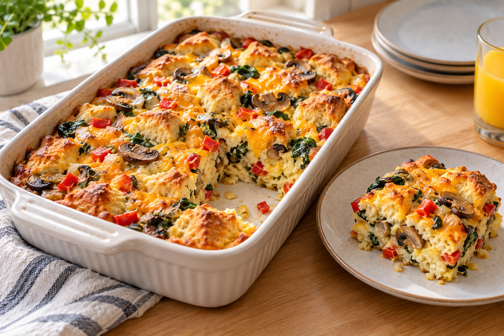 Veggie and Cheddar Biscuit Breakfast Bake