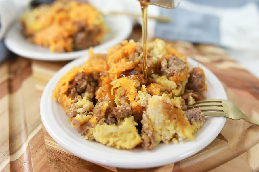 Breakfast Bake with Sausage,Eggs, and Waffles (The perfect meal)