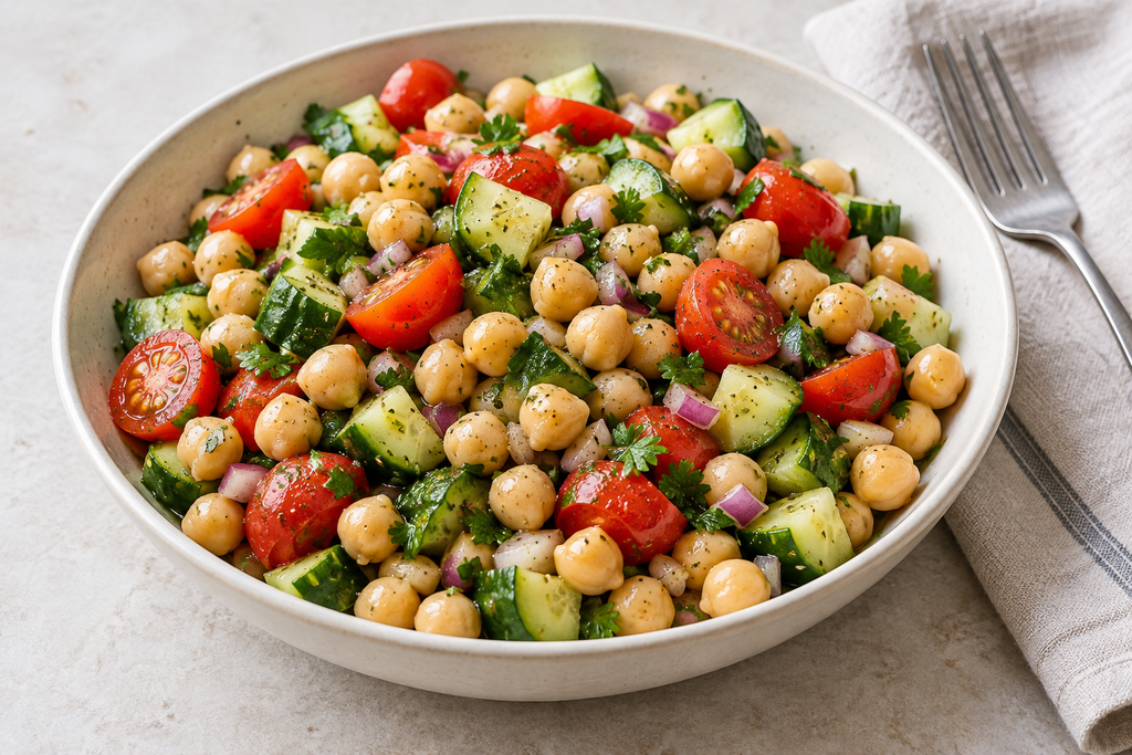 Mediterranean chickpea salad with cucumber, cherry tomatoes, red onion and parsley in a ceramic bowl.