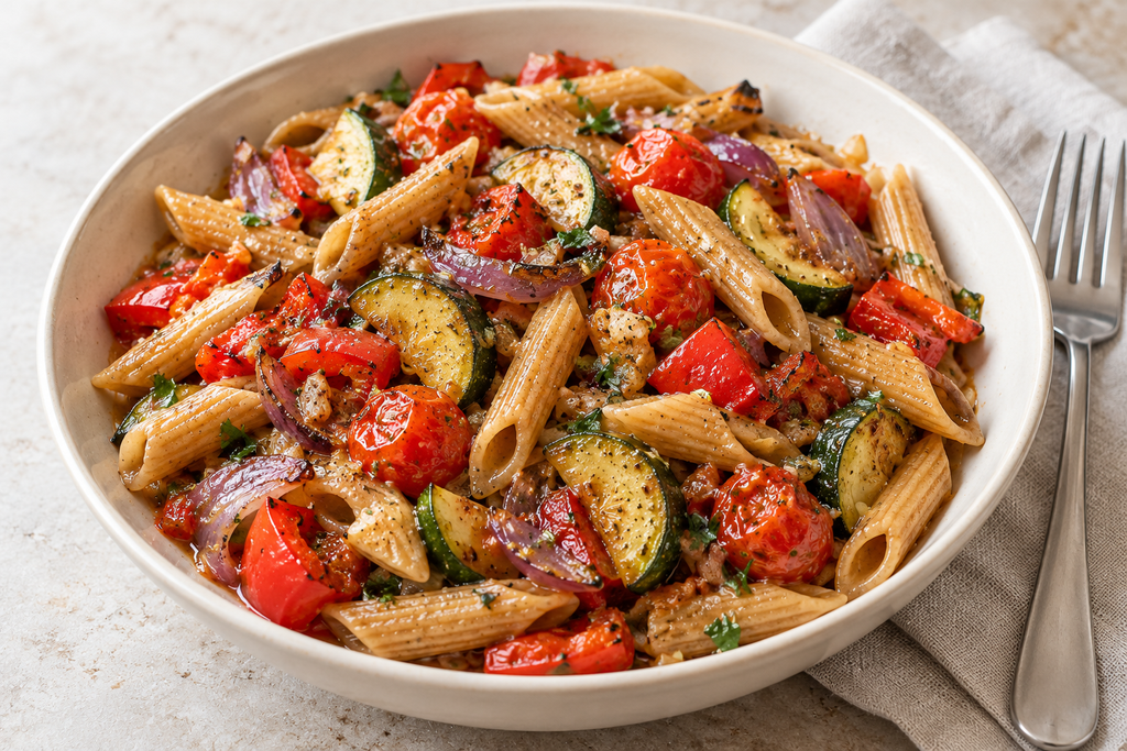 Whole-wheat penne with roasted zucchini, red pepper, cherry tomatoes, red onion and parsley in a ceramic bowl.