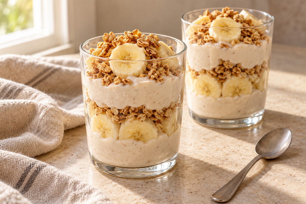 Peanut butter yogurt parfaits layered with fresh banana slices and crunchy granola in clear glasses.