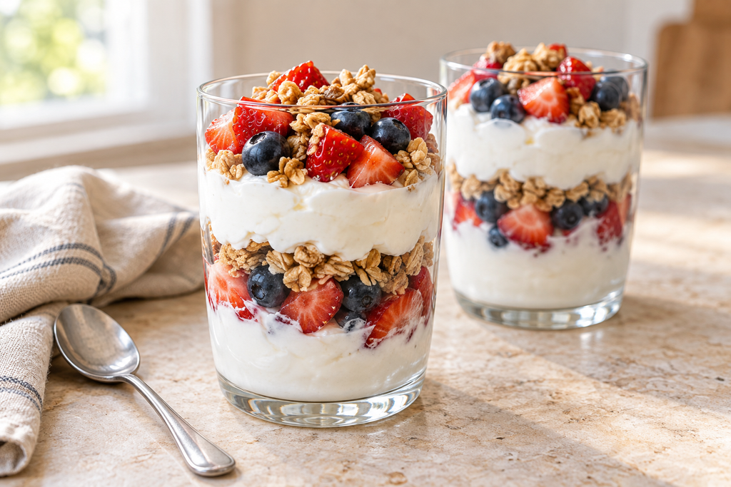 Greek yogurt parfaits layered with strawberries, blueberries and crunchy granola in clear glasses.