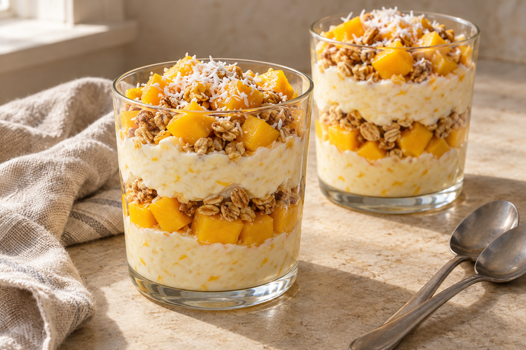 Mango and coconut breakfast parfaits layered with Greek yogurt, fresh mango, granola and shredded coconut.