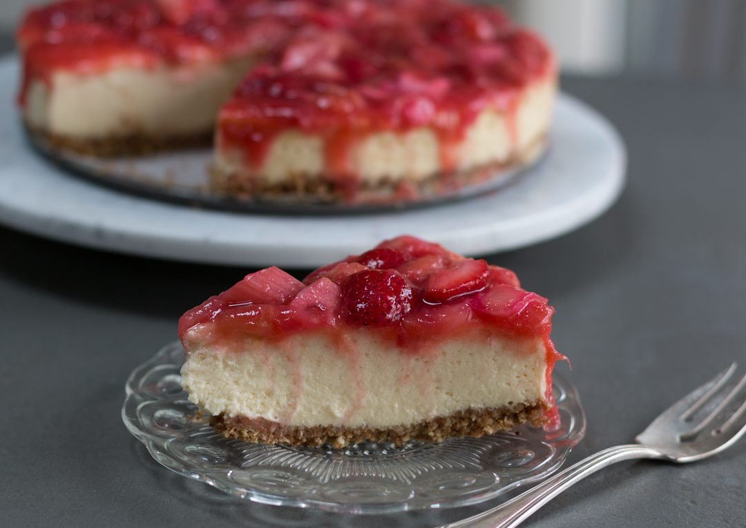 Strawberry Rhubarb Cottage Cheese Cheesecake with an Oat & Almond Press In Crust