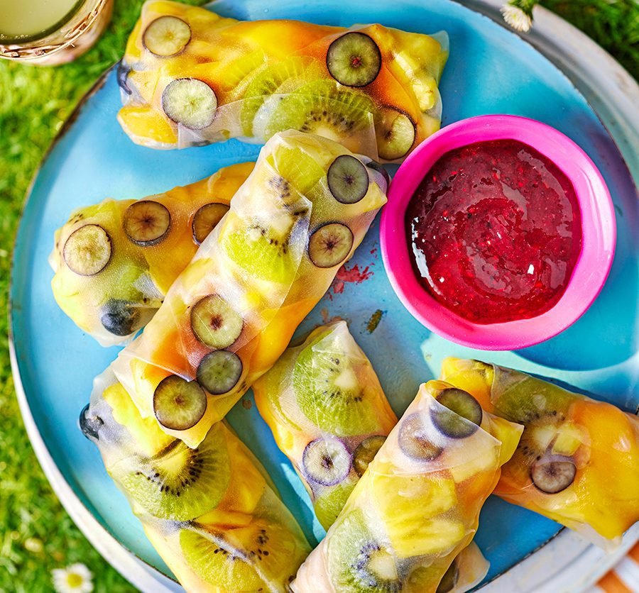 Fruit rice paper rolls with coulis dip