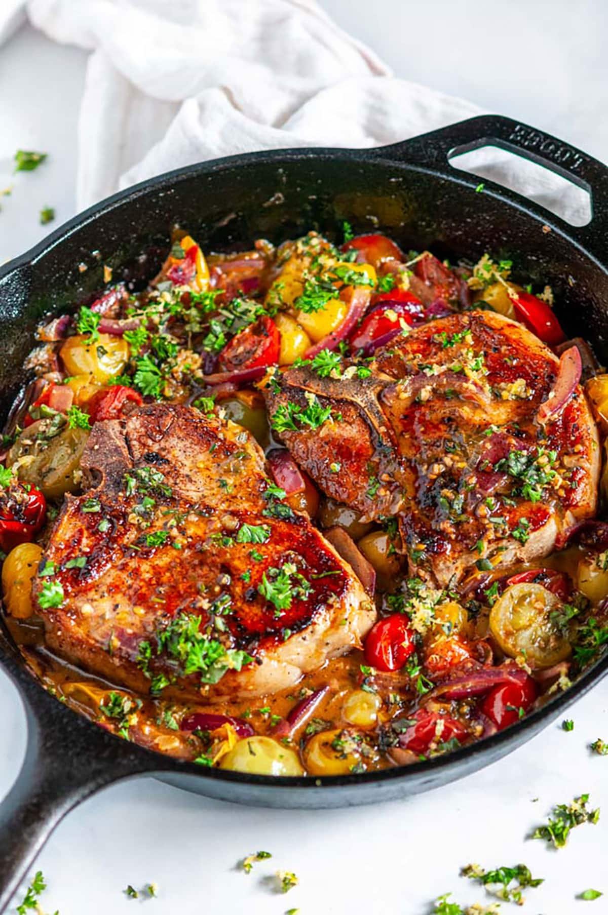Skillet Balsamic Pork Chops with Tomatoes and Gremolata - Aberdeen's Kitchen