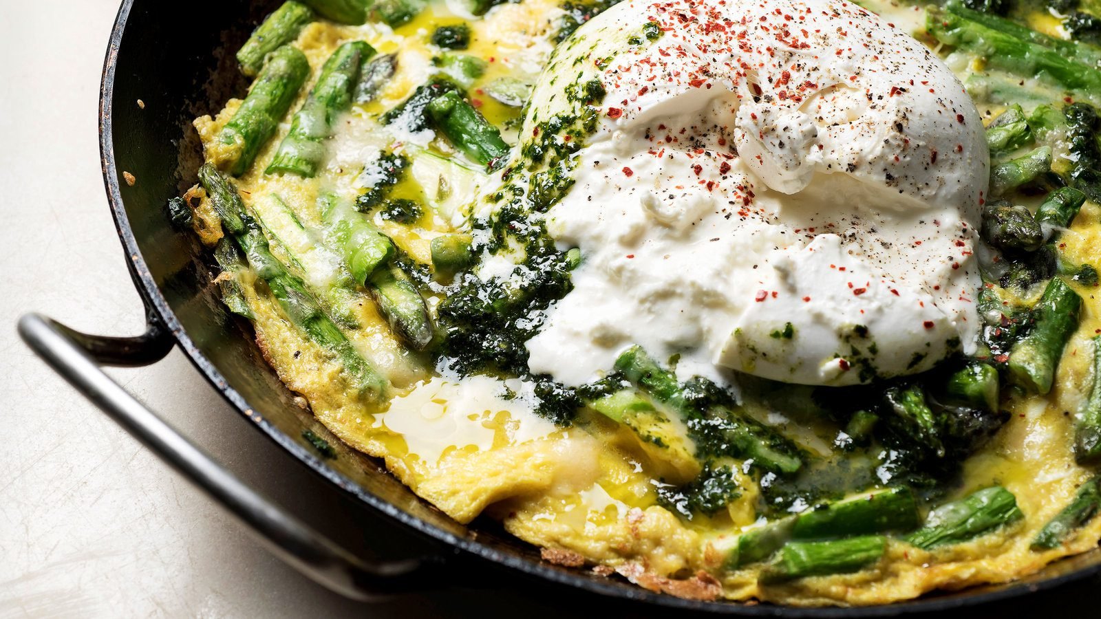 Asparagus Frittata With Burrata and Herb Pesto