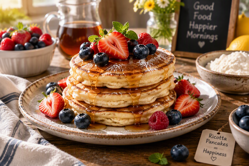 Stack of fluffy ricotta pancakes topped with fresh blueberries and strawberries