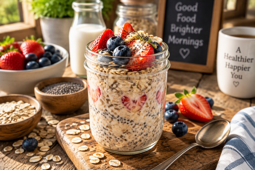 Creamy overnight oats in a glass mason jar