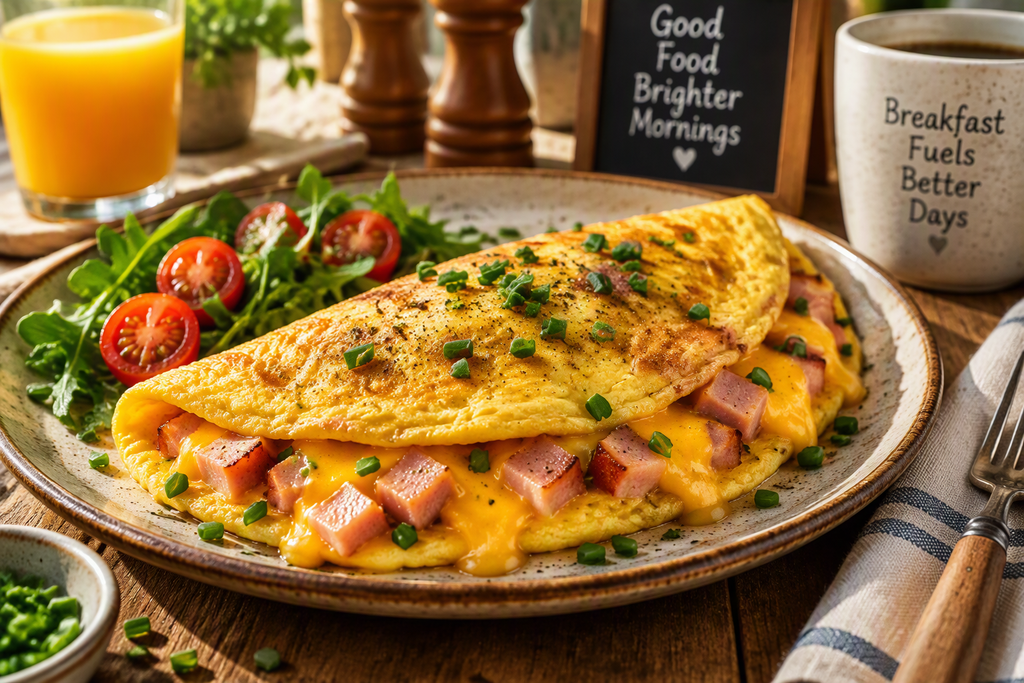Golden ham and cheese omelette on a rustic ceramic plate