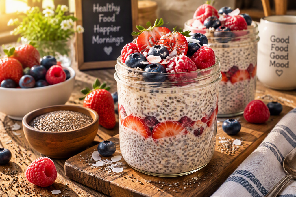 Creamy chia pudding in a clear glass jar 