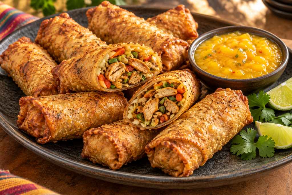 Jerk Chicken Egg Rolls With Mango-Pineapple Dip