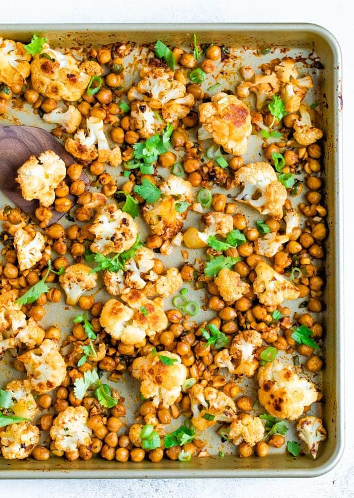 Sriracha Roasted Cauliflower and Chickpea Sheet Pan Meal