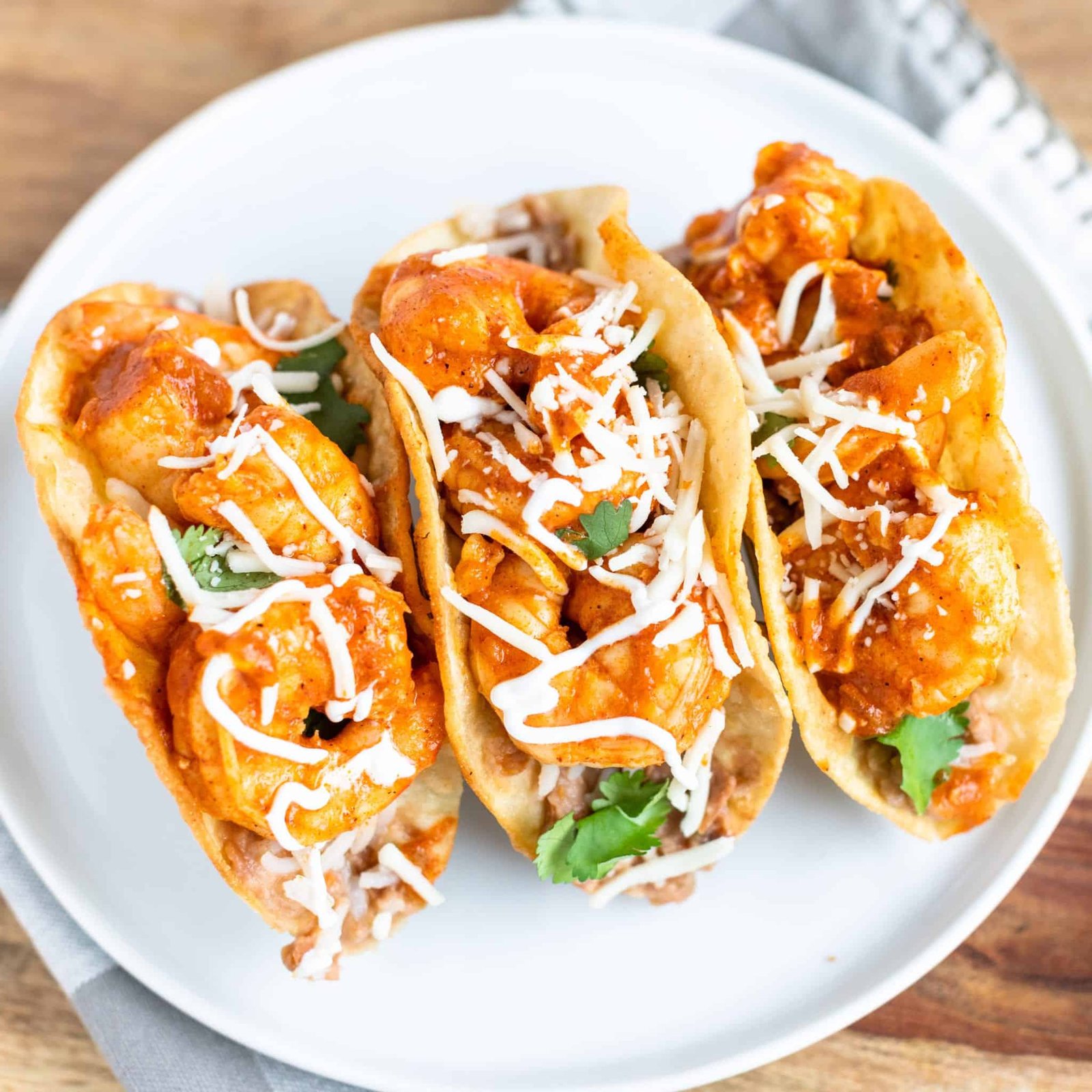 Spicy Shrimp Tacos with Cilantro Garlic & Refried Beans