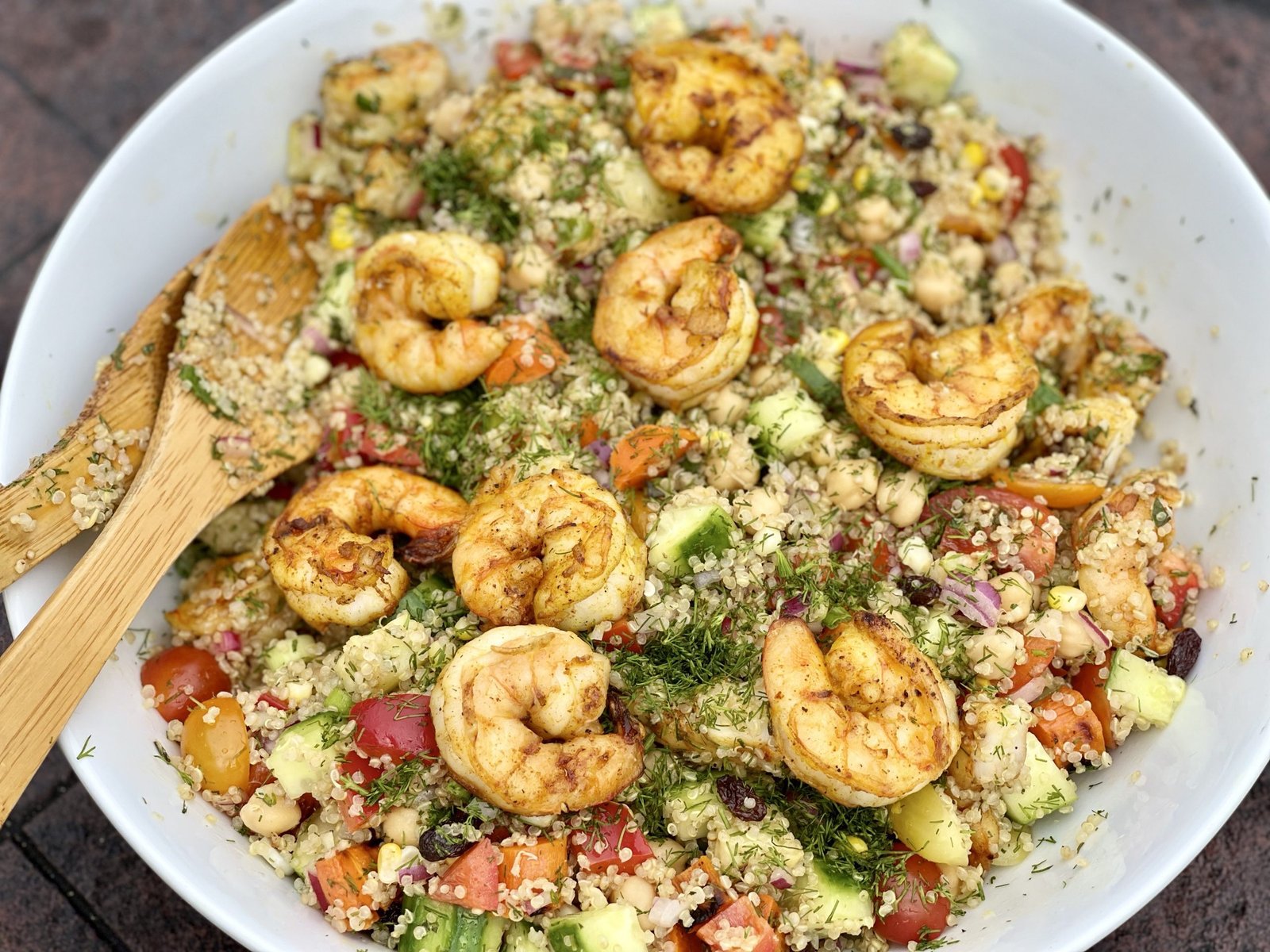 Quinoa Salad Grilled Veggies and Prawns with Lemon Prosecco Dressing