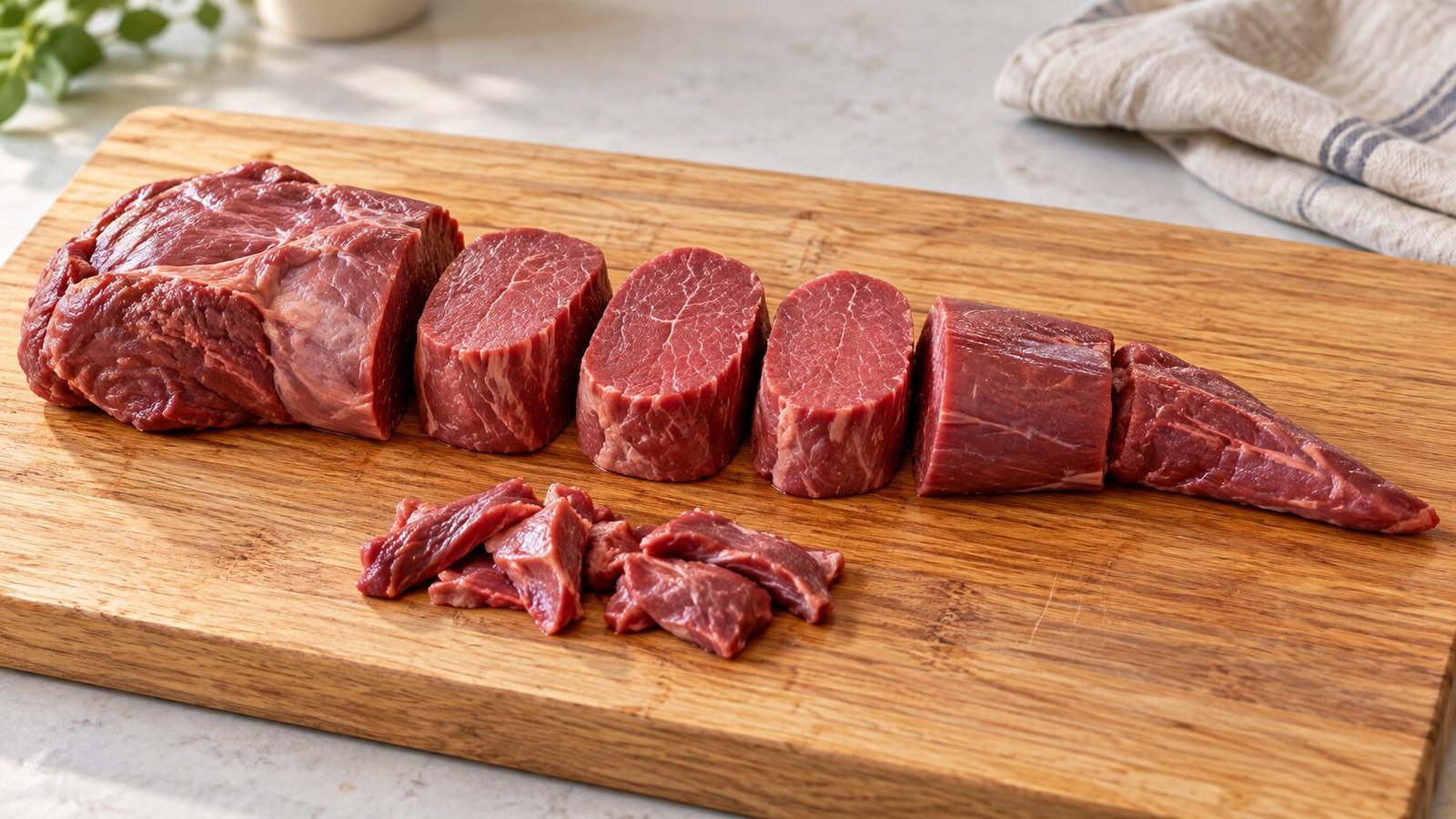 Beef tenderloin portions arranged on a wooden board, including steaks, roasting pieces and trimmings.