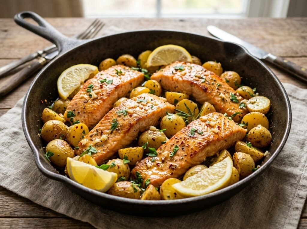 One Pot Garlic Butter Salmon and Potatoes Recipe