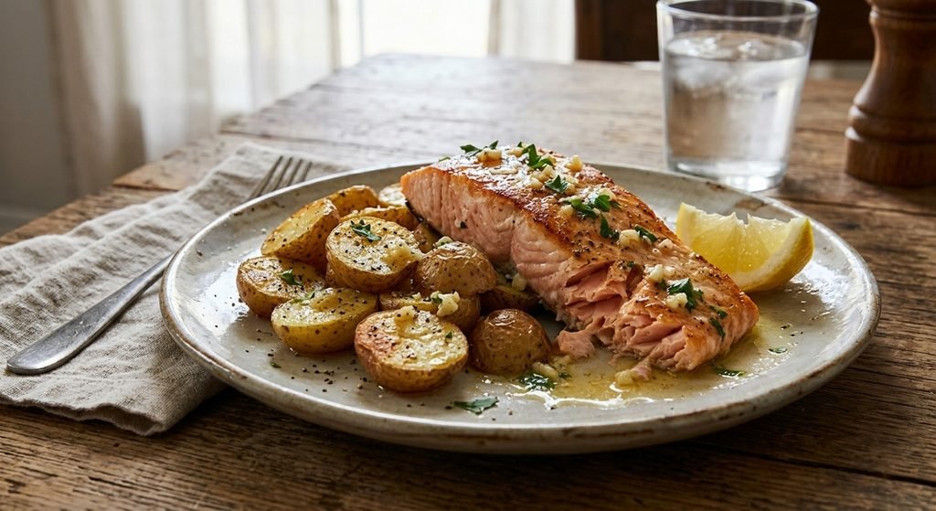 One Pot Garlic Butter Salmon and Potatoes Recipe
