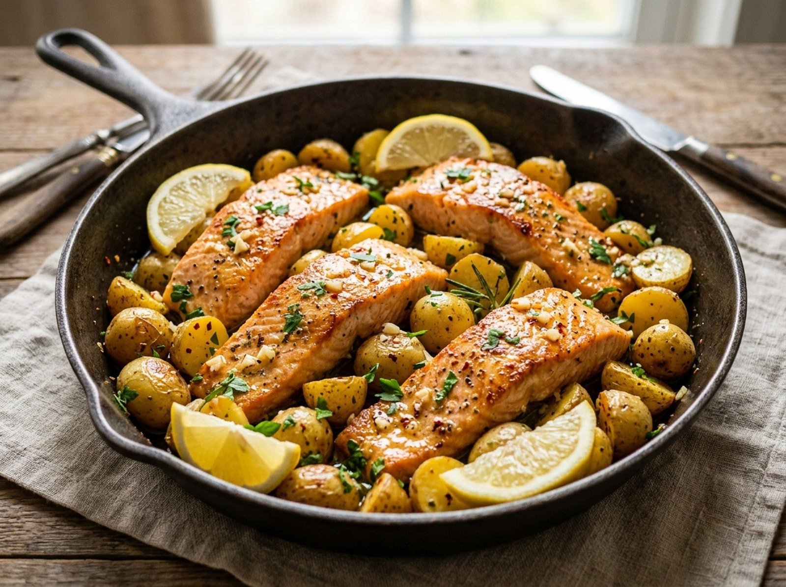 One Pot Garlic Butter Salmon and Potatoes Recipe