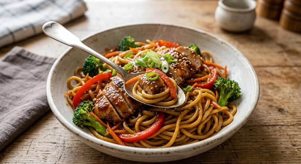 One Pot Teriyaki Chicken Noodles ready to eat